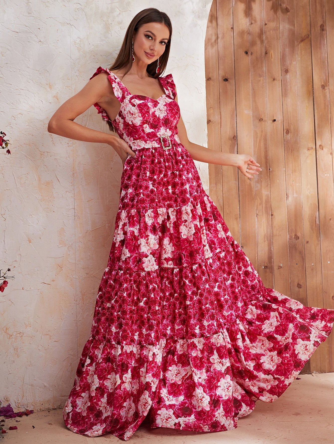 Floral Print Ruffle Hem Belted Cami Dress-MGN582