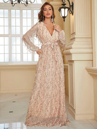 Yisikado Surplice Neck Self Belted Sequin Dress-A097