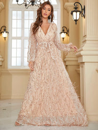 Yisikado Surplice Neck Self Belted Sequin Dress-A097