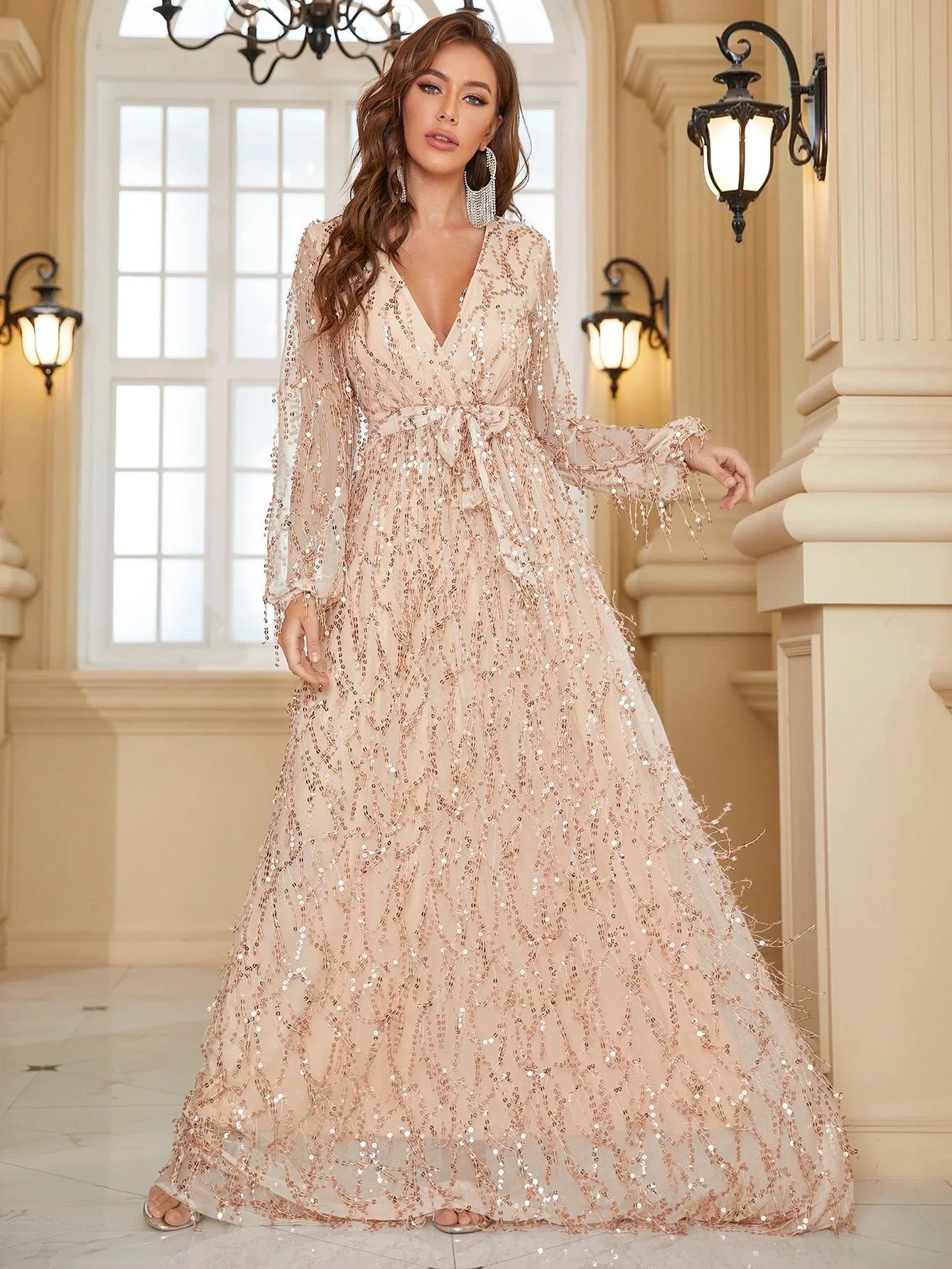 Yisikado Surplice Neck Self Belted Sequin Dress-A097