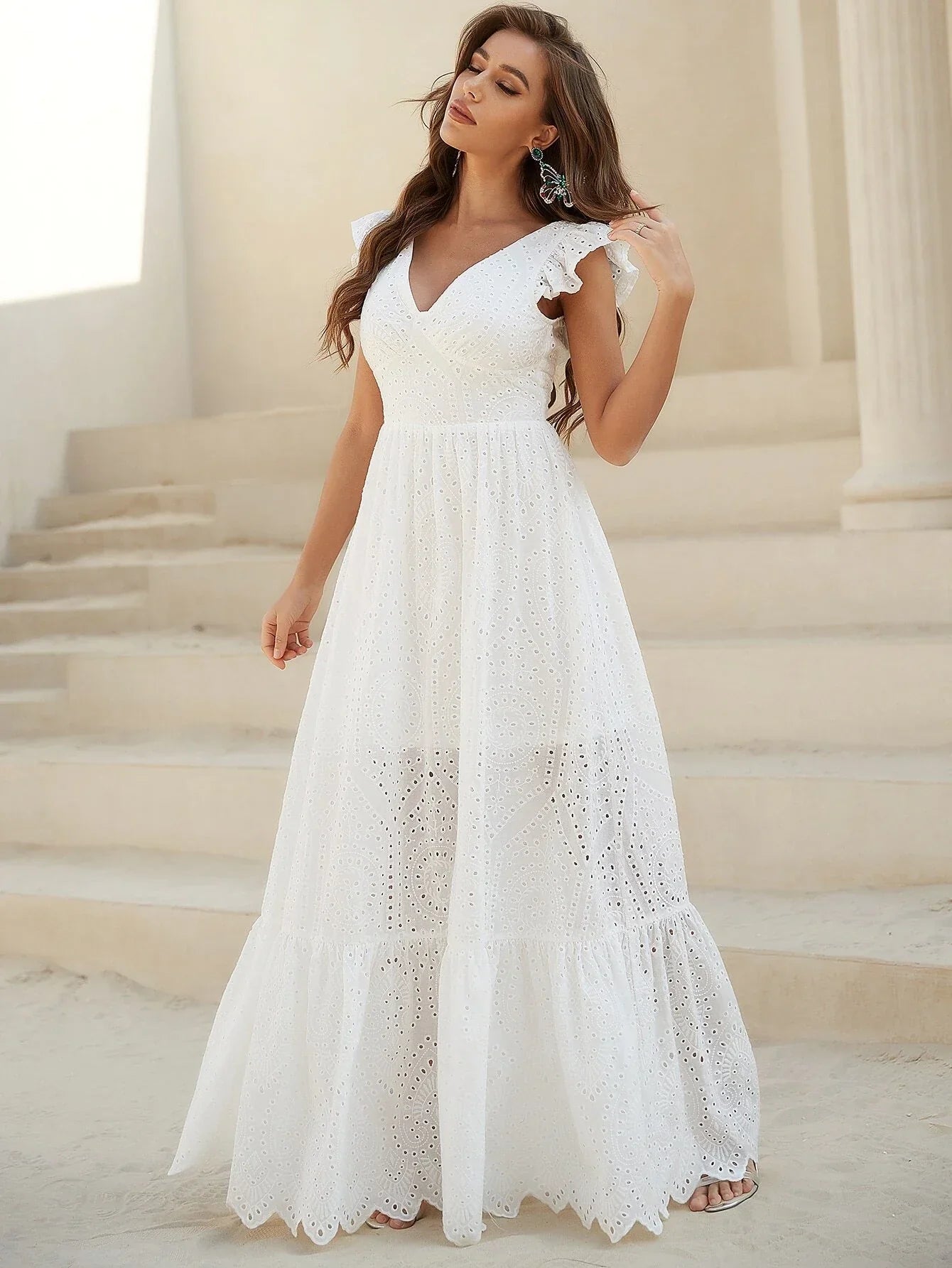 Yisikado Lace Up Backless Flounce Hem Schiffy Dress-JC197