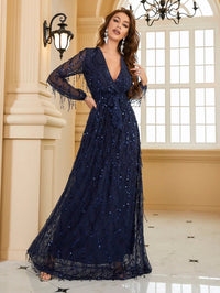 Yisikado Surplice Neck Self Belted Sequin Dress-A097