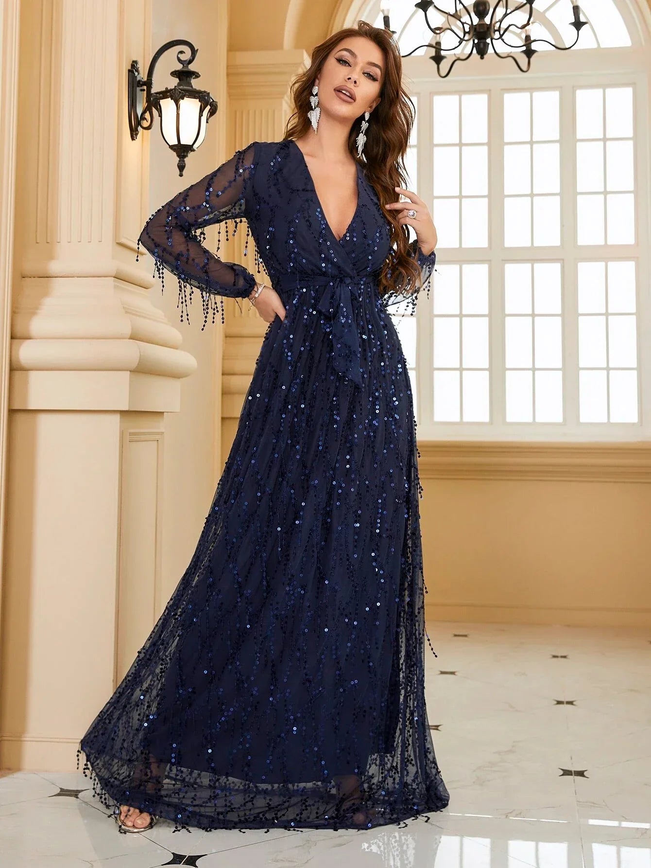 Yisikado Surplice Neck Self Belted Sequin Dress-A097