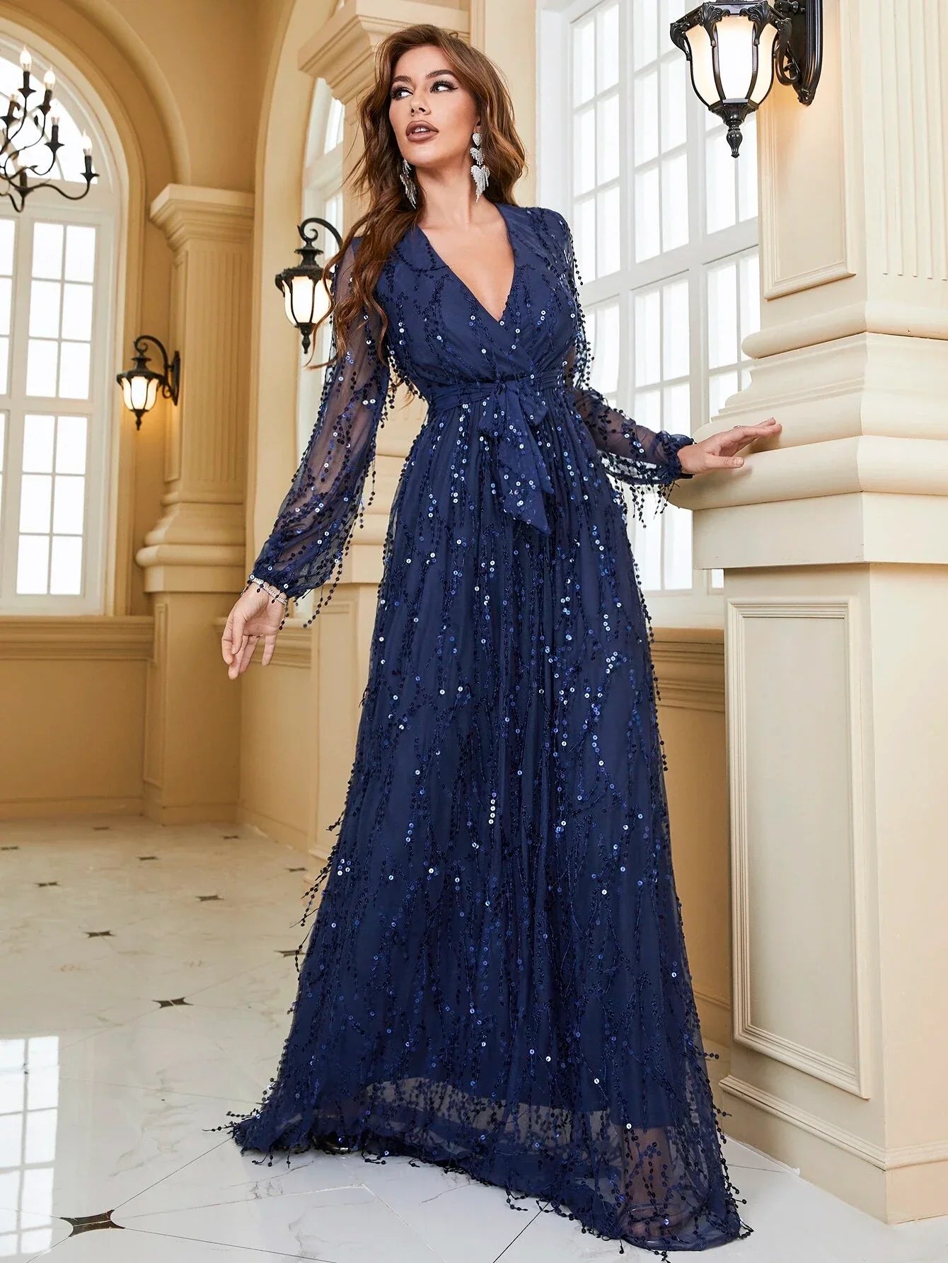 Yisikado Surplice Neck Self Belted Sequin Dress-A097