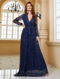 Yisikado Surplice Neck Self Belted Sequin Dress-A097