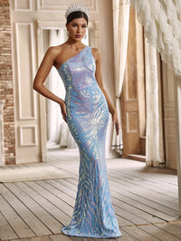 Yisikado One Shoulder Holographic Sequin Formal Dress-A190