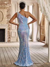 Yisikado One Shoulder Holographic Sequin Formal Dress-A190