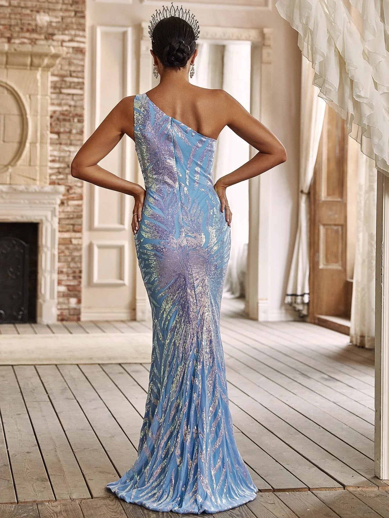 Yisikado One Shoulder Holographic Sequin Formal Dress-A190