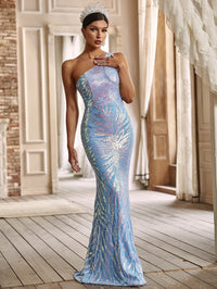 Yisikado One Shoulder Holographic Sequin Formal Dress-A190