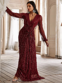 Yisikado Surplice Neck Self Belted Sequin Dress-A097