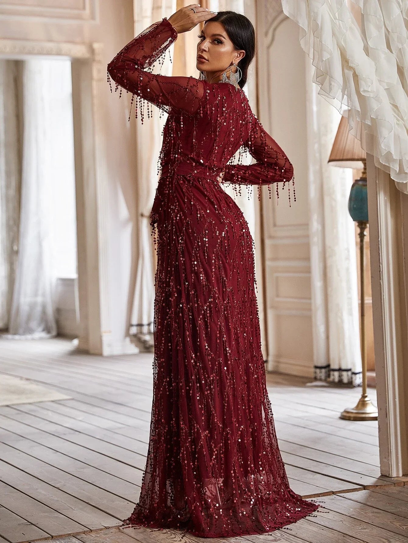 Yisikado Surplice Neck Self Belted Sequin Dress-A097