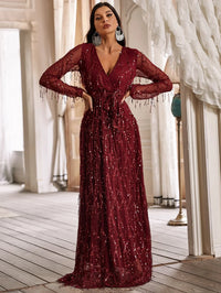 Yisikado Surplice Neck Self Belted Sequin Dress-A097