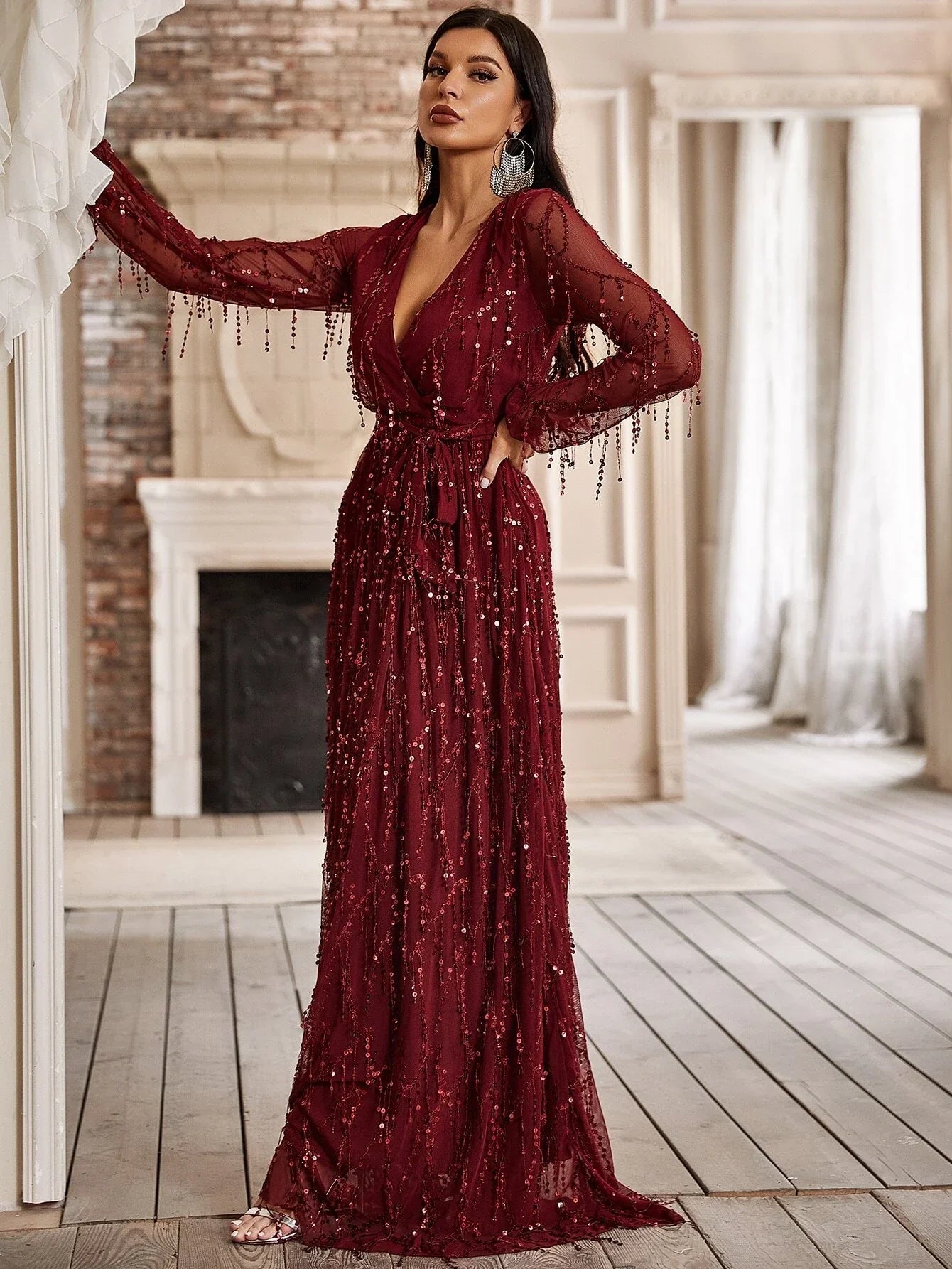 Yisikado Surplice Neck Self Belted Sequin Dress-A097