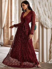 Yisikado Surplice Neck Self Belted Sequin Dress-A097