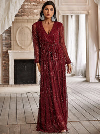 Yisikado Surplice Neck Self Belted Sequin Dress-A097