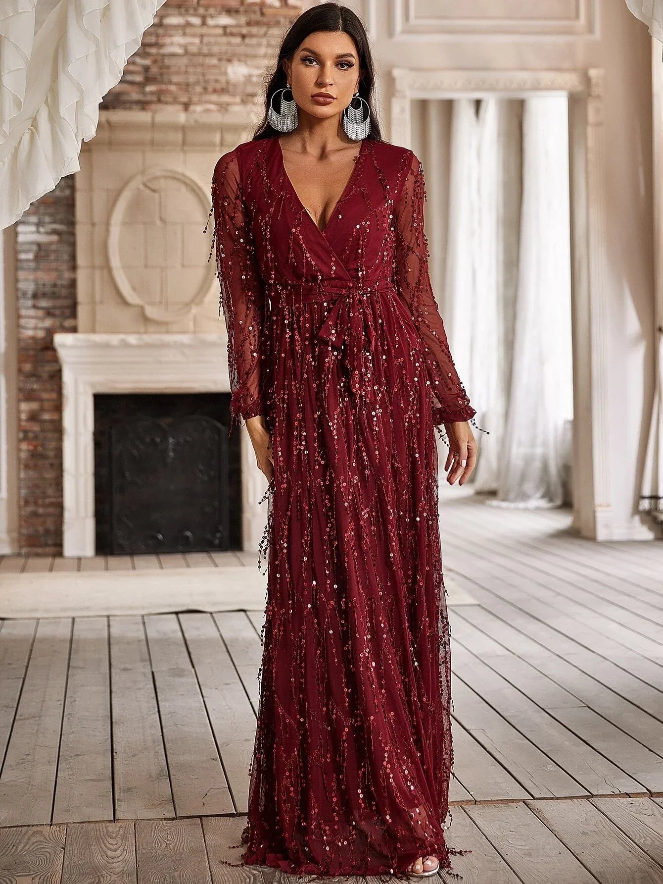 Yisikado Surplice Neck Self Belted Sequin Dress-A097