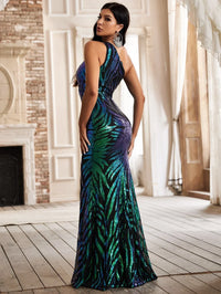 Yisikado One Shoulder Holographic Sequin Formal Dress-A190
