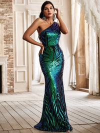 Yisikado One Shoulder Holographic Sequin Formal Dress-A190