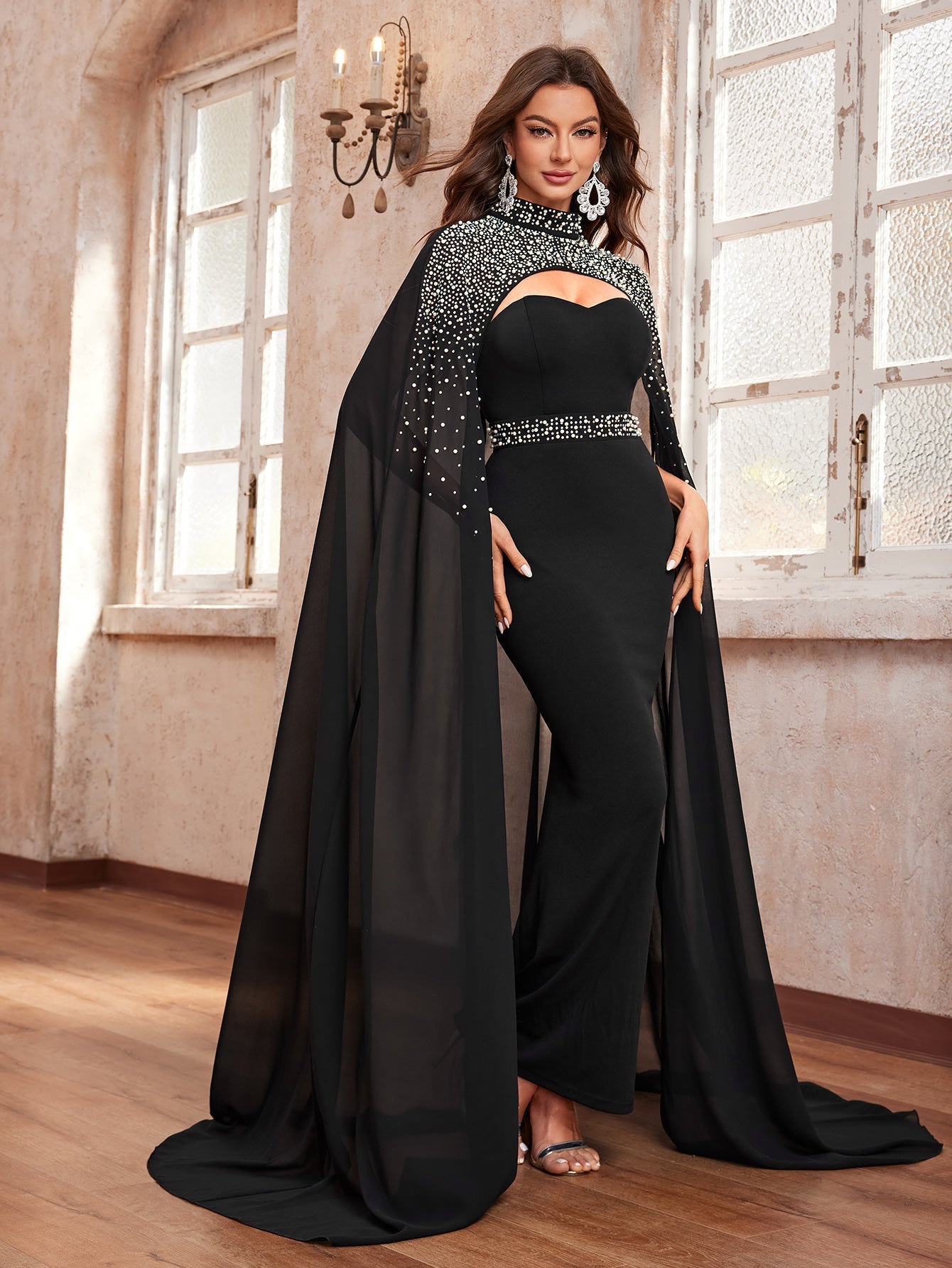 Yisikado Women's Rhinestone & Beaded Stand Collar Halter Shawl For Parties, Evening Gowns-SSN309