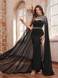 Yisikado Women's Rhinestone & Beaded Stand Collar Halter Shawl For Parties, Evening Gowns-SSN309