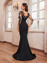 Yisikado Women's Elegant & Sexy Mermaid Lace Floor-Length Formal Evening Dress With 3d Floral Long Sleeves-SST2112