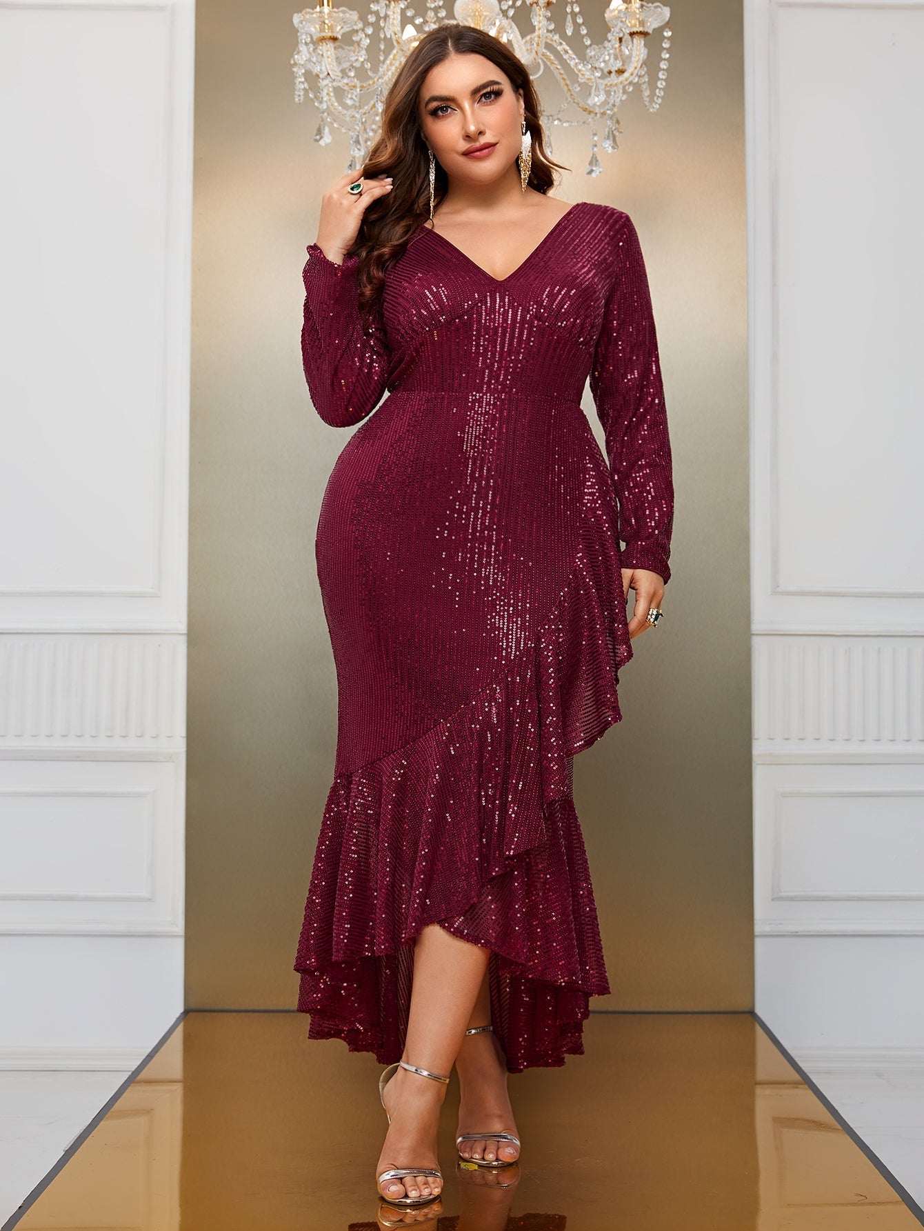 Yisikado Plus Ruffle Trim Sequin Formal Dress-FSSX9030