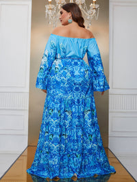 Yisikado Plus Floral Print Off Shoulder Trumpet Sleeve Ruffle Hem Dress-FSSN189-1