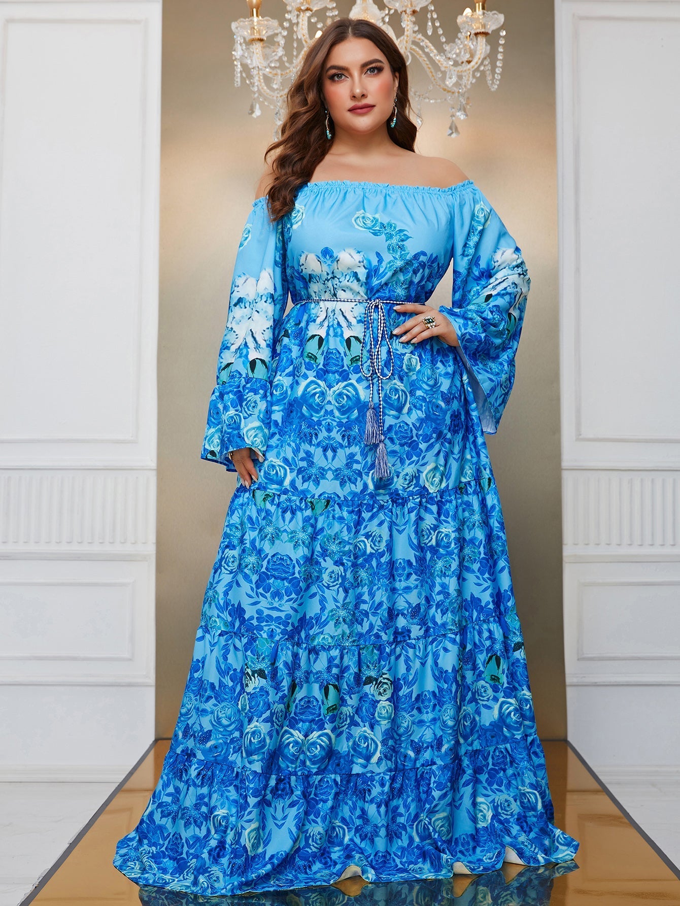 Yisikado Plus Floral Print Off Shoulder Trumpet Sleeve Ruffle Hem Dress-FSSN189-1