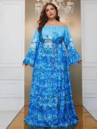 Yisikado Plus Floral Print Off Shoulder Trumpet Sleeve Ruffle Hem Dress-FSSN189-1