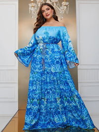 Yisikado Plus Floral Print Off Shoulder Trumpet Sleeve Ruffle Hem Dress-FSSN189-1