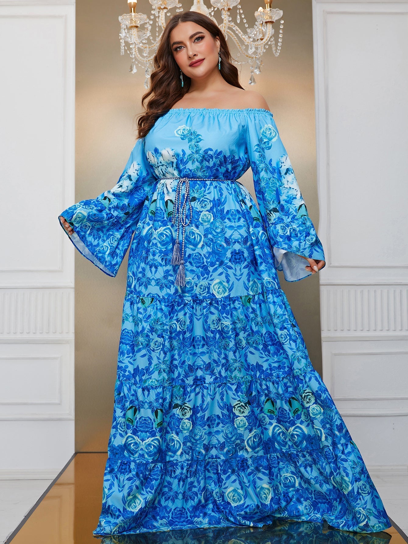 Yisikado Plus Floral Print Off Shoulder Trumpet Sleeve Ruffle Hem Dress-FSSN189-1