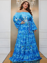 Yisikado Plus Floral Print Off Shoulder Trumpet Sleeve Ruffle Hem Dress-FSSN189-1