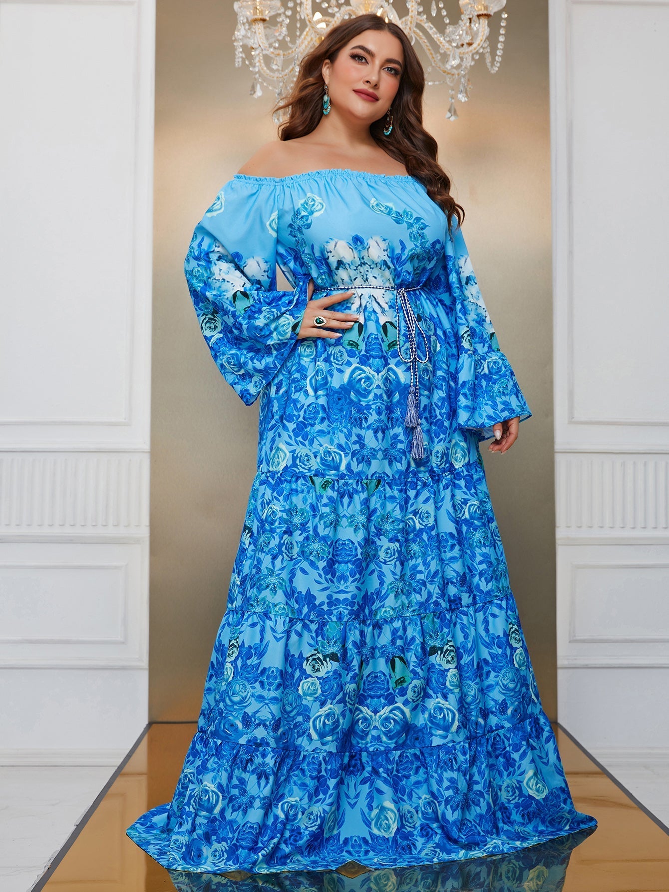 Yisikado Plus Floral Print Off Shoulder Trumpet Sleeve Ruffle Hem Dress-FSSN189-1