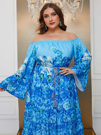 Yisikado Plus Floral Print Off Shoulder Trumpet Sleeve Ruffle Hem Dress-FSSN189-1