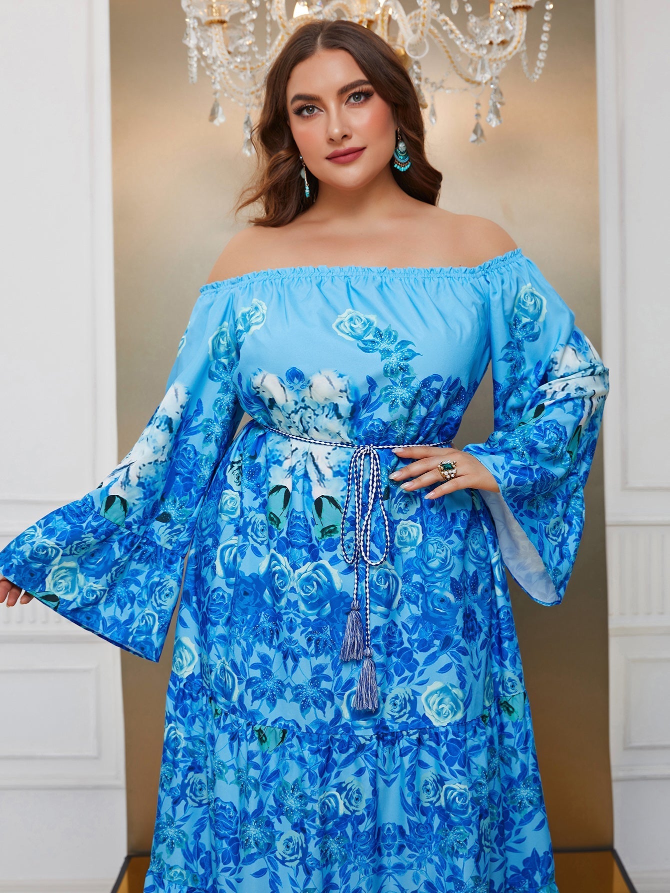 Yisikado Plus Floral Print Off Shoulder Trumpet Sleeve Ruffle Hem Dress-FSSN189-1