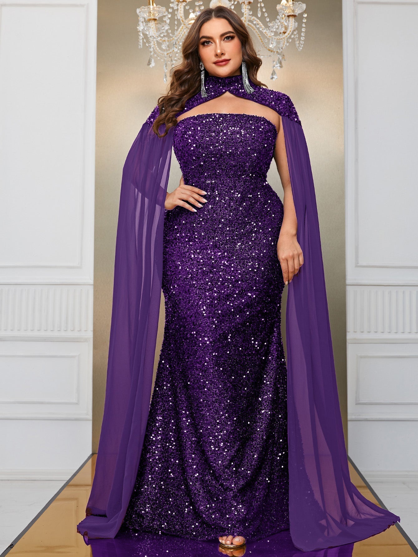 Yisikado Plus Cloak Sleeve Sequin Formal Dress-FMGT610-4