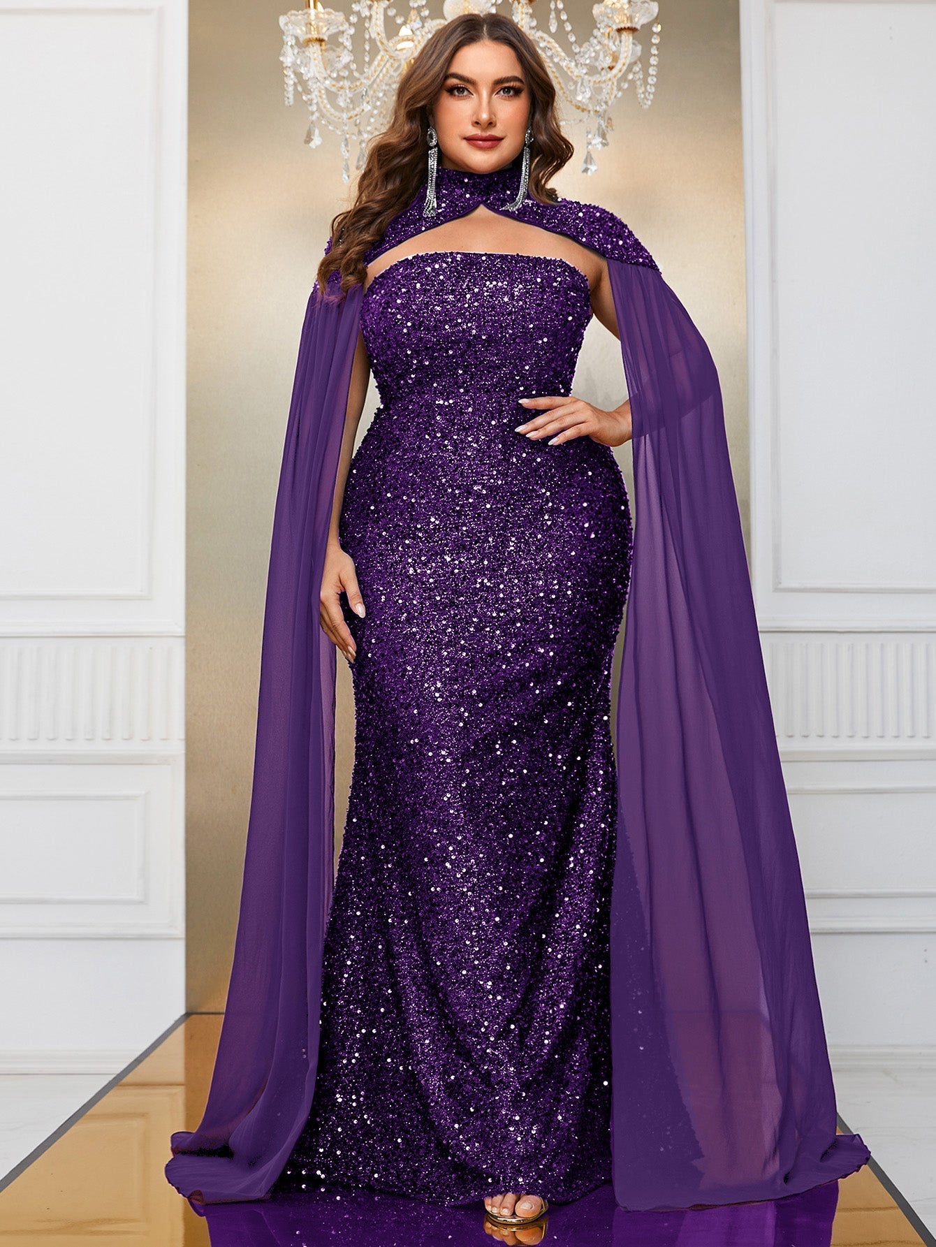 Yisikado Plus Cloak Sleeve Sequin Formal Dress-FMGT610-4