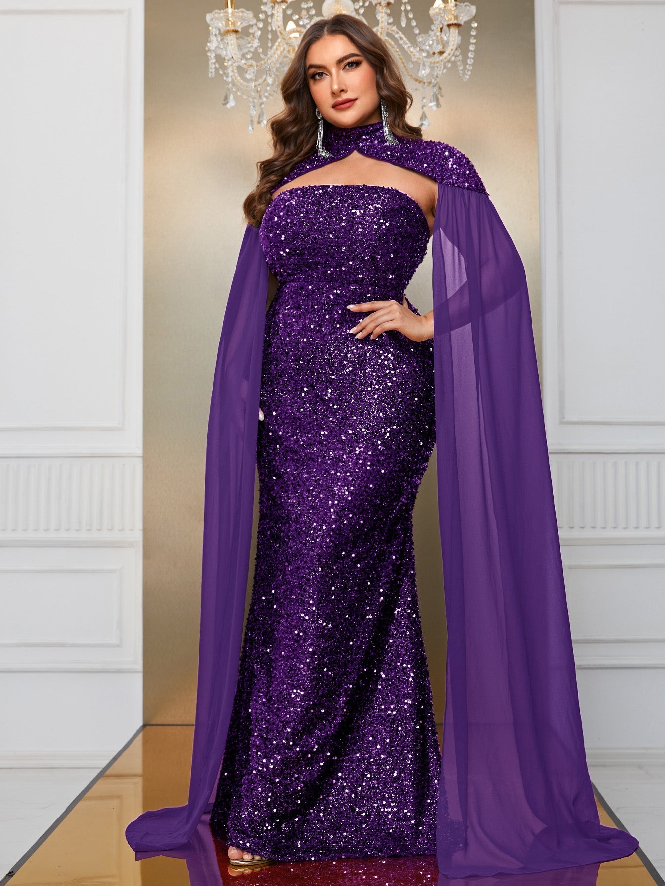 Yisikado Plus Cloak Sleeve Sequin Formal Dress-FMGT610-4