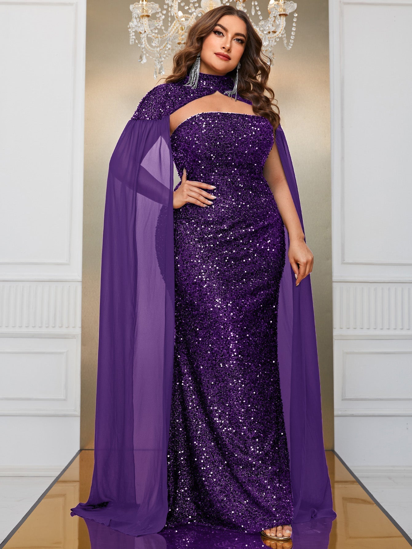 Yisikado Plus Cloak Sleeve Sequin Formal Dress-FMGT610-4