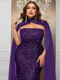 Yisikado Plus Cloak Sleeve Sequin Formal Dress-FMGT610-4