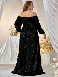 Yisikado Plus Off Shoulder Lantern Sleeve Belted Sequin Formal Dress-FMGW511-2