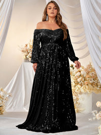 Yisikado Plus Off Shoulder Lantern Sleeve Belted Sequin Formal Dress-FMGW511-2