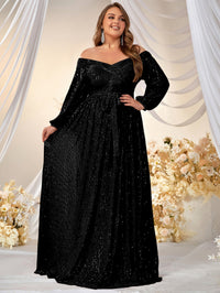 Yisikado Plus Off Shoulder Lantern Sleeve Belted Sequin Formal Dress-FMGW511-2