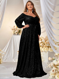 Yisikado Plus Off Shoulder Lantern Sleeve Belted Sequin Formal Dress-FMGW511-2