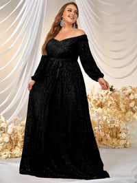 Yisikado Plus Off Shoulder Lantern Sleeve Belted Sequin Formal Dress-FMGW511-2