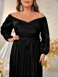 Yisikado Plus Off Shoulder Lantern Sleeve Belted Sequin Formal Dress-FMGW511-2