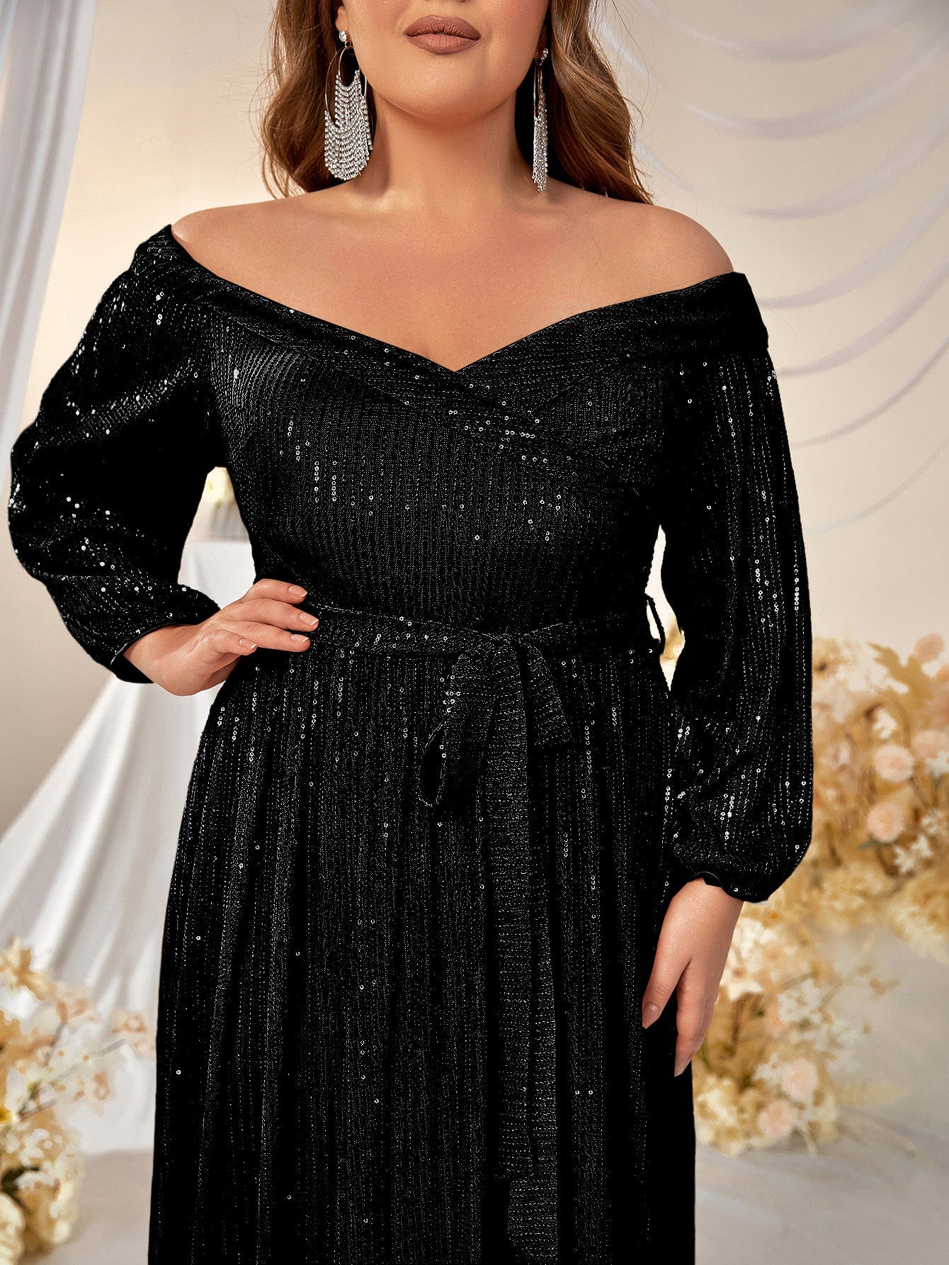 Yisikado Plus Off Shoulder Lantern Sleeve Belted Sequin Formal Dress-FMGW511-2