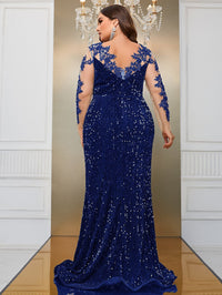 Yisikado Plus Contrast Mesh Sequin Formal Dress-FSST2087-1