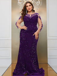 Yisikado Plus Contrast Lace Mesh Sleeve Sequin Formal Dress-FSST2087-4