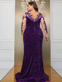 Yisikado Plus Contrast Lace Mesh Sleeve Sequin Formal Dress-FSST2087-4